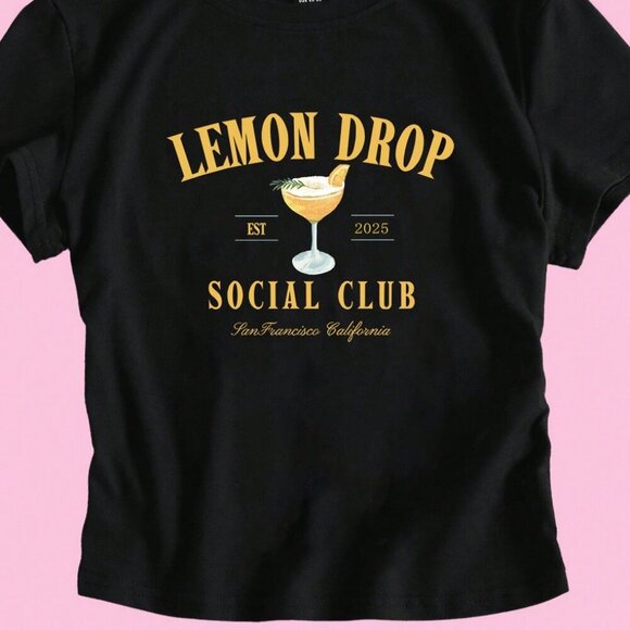 Black Casual Women's Y2k Lemon Drop Print Crop Top Short Sleeve T-Shirt - Picture 1 of 3